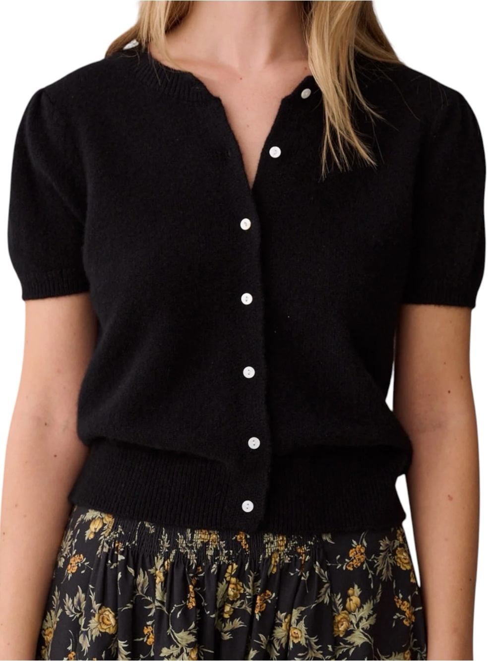 Kourt Few Moda Edie Cashmere Cardigan Sweater Black Short-Sleeve Button-Front